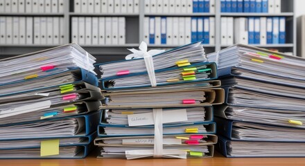 Fototapeta premium Stacks of Organized Office Folders and Documents with Colorful Sticky Notes in a Professional Archive Setting