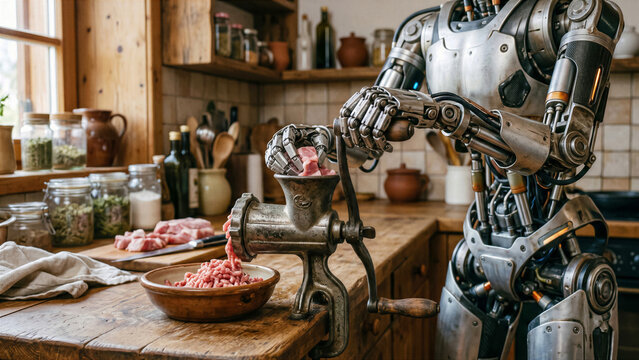 Humanoid robot using classic hand turned meat grinder in rustic kitchen close up on mechanical crank handle