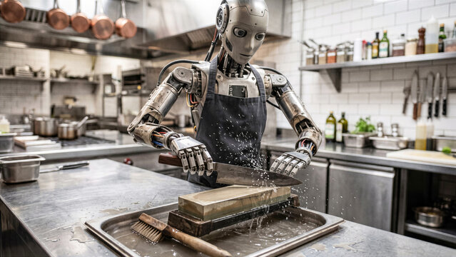 Humanoid robot manually sharpening carbon steel chef knife on wet whetstone fine water droplets splash kitchen