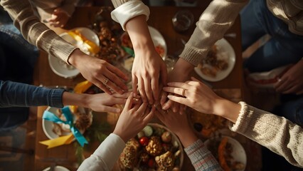 Obraz premium Multiple family hands stacked together over festive food table