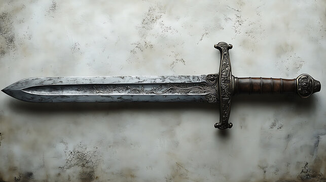 A classic European longsword with its fullered blade and leather-wrapped hilt, presented against a clean white backdrop under soft professional studio lighting, emphasizing its elegant yet functional 