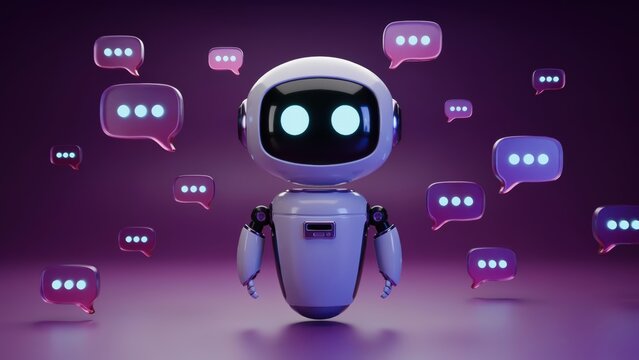 Cute white floating robot assistant with speech bubble representing chat bot customer service.