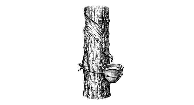 Detailed vintage engraving style illustration of rubber tree tapping with latex collecting bowl