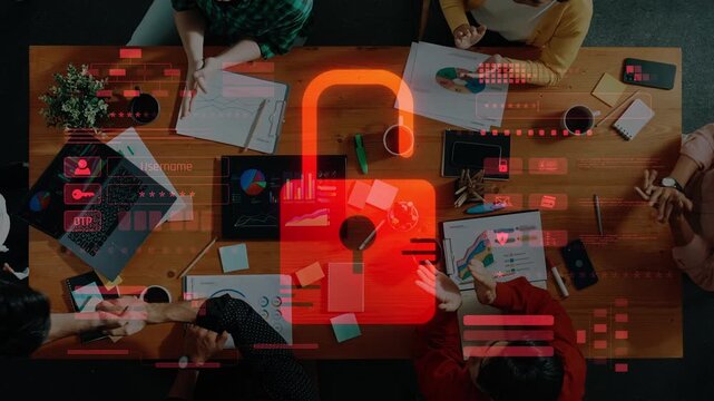 This image captures a team in a collaborative meeting, overlaid with a digital lock symbol, emphasizing the importance of data security and innovative strategies in business contexts. Raster
