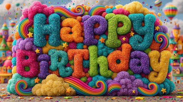 Colorful candy letters spelling happy birthday surrounded by rainbow swirls and stars in a festive magical setting