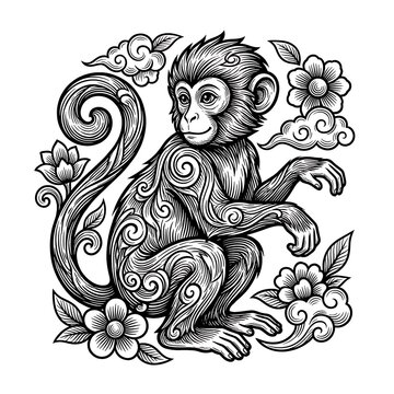 Ornate Engraved Style Monkey Illustration with Decorative Floral and Cloud Elements in Monochromatic Ink Sketch Aesthetic