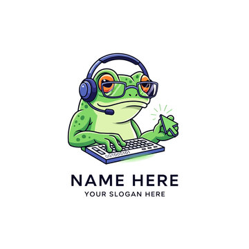 Funny Frog Programmer Wearing Headphones and Glasses with Keyboard