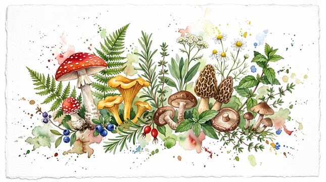 Watercolor Illustration of Diverse Forest Mushrooms and Plants