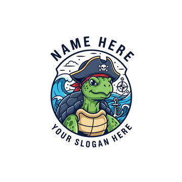Pirate Turtle Cartoon Emblem with Waves and Anchor