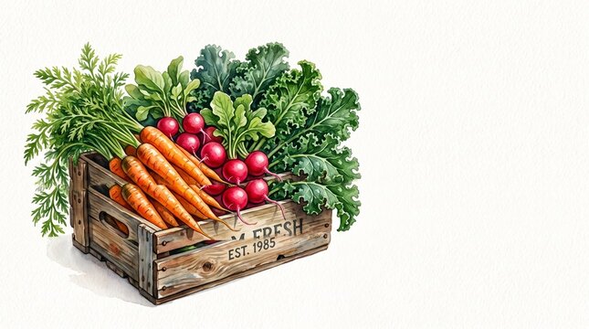 Fresh Organic Vegetables in Wooden Crate Illustration