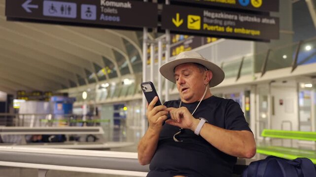 Senior tourist man using smartphone at airport terminal