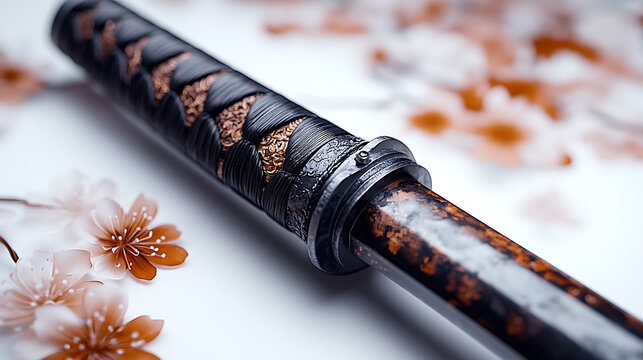 A beautifully preserved samurai-era matchlock rifle, its aged wooden components and metalwork sharply in focus against a bright white background under professional studio lighting 