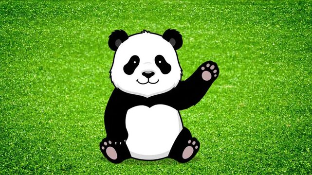 Cute Cartoon Panda Waving Paw on Green Grass. 4K Video