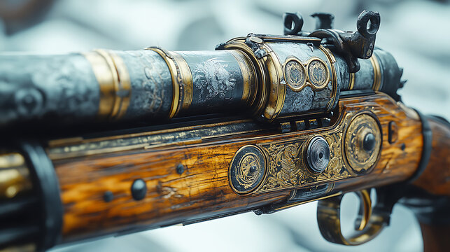 A beautifully preserved samurai-era matchlock rifle, its aged wooden components and metalwork sharply in focus against a bright white background under professional studio lighting 