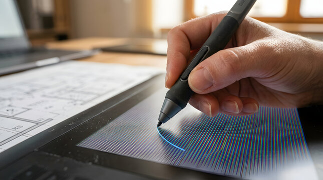 Close up of a hand using a digital stylus pen on a graphics tablet for creative design work.