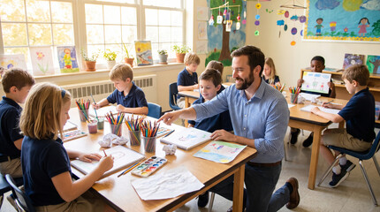 Fototapeta premium Male Teacher Helping Primary Students in a Creative Classroom