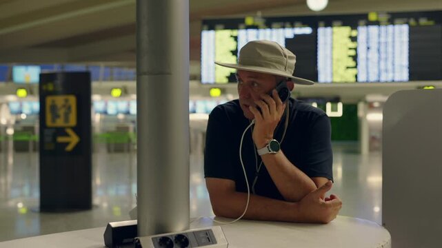 Stressed man arguing on phone at airport charging station