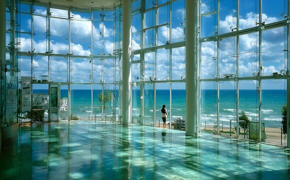 modern sea view indoor swimming pool transparent viewing hall