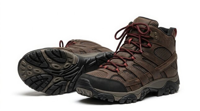 Pair of brown hiking boots with thick tread soles for rugged trails footwear trekking adventure climbing mountaineering equipment activity