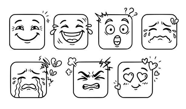 Create a clean professional black and white vector illustration featuring 6 oversized hand drawn comic emotion faces, each built with soft square silhouettes and unique expressive line work. Include s