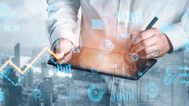 A professional data analyst examines digital graphs and statistics on a tablet, showcasing a vibrant skyline backdrop, symbolizing innovation and growth in business. Xenic