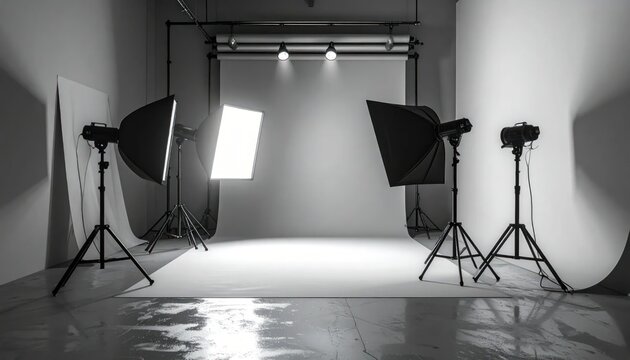 Clean photography studio interior with softboxes and backdrop.