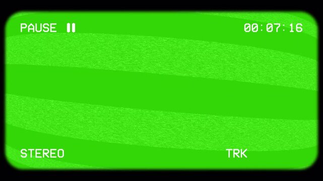 Vintage VHS Pause Playback Overlay with CRT Screen Effect, Noise Scanlines and Pause, Stereo, Tracking Meter, Timer Indicators. Retro VCR Pause Screen With Stereo And Tracking Display