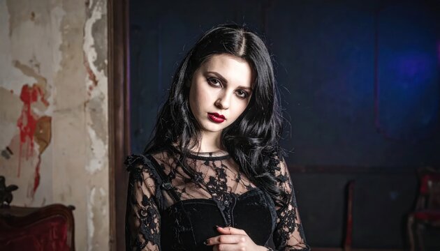 Close portrait of gothic woman in black lace.