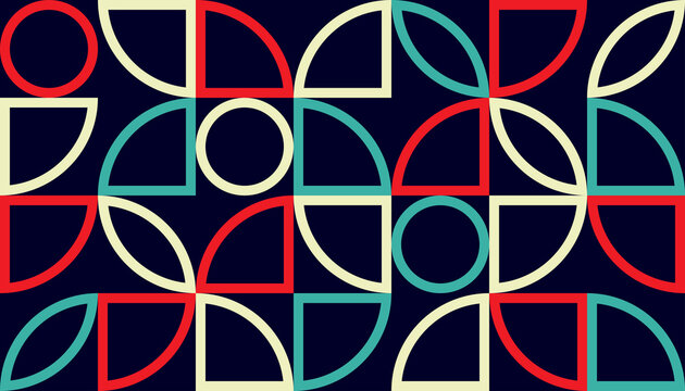 Bold geometric pattern of circles, quarter arcs and leaf-like forms in red, teal and cream on a dark navy background, creating a modern retro abstract design.