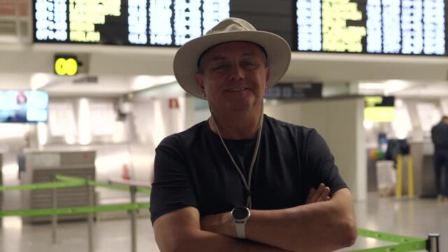 Mature male traveler smiling at the airport terminal