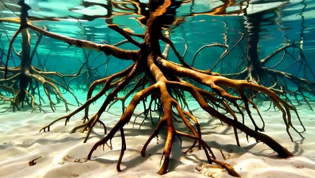 Underwater view of mangrove tree roots in clear tropical water over sandy seabed