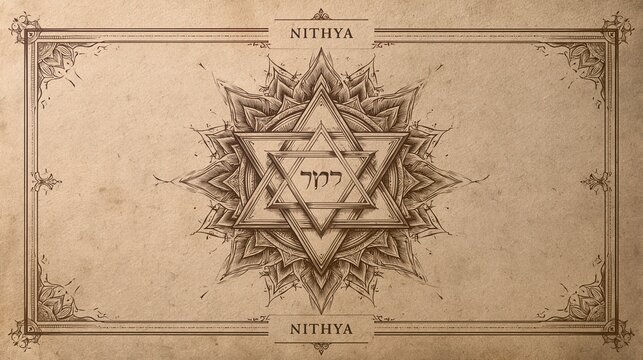 Intricate Star Mandala with Hebrew Script on Aged Parchment Background, Spiritual and Mystical Design