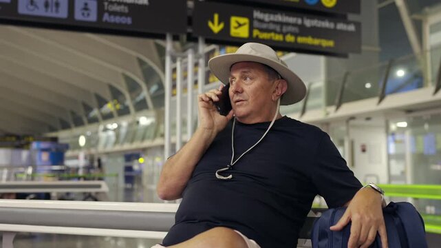 Senior man talking on the phone while waiting at the airport terminal