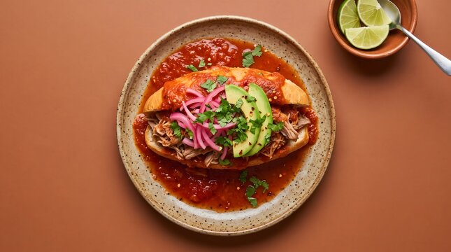 Torta ahogada sandwich with sauce, Mexican Food