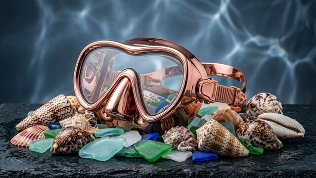 Rose gold diving mask resting on sea glass and shells against underwater background