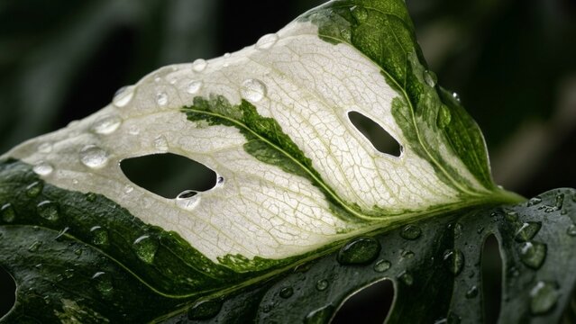 Variegated Monstera leaf with water droplets in tropical macro shot showing plant texture and veins