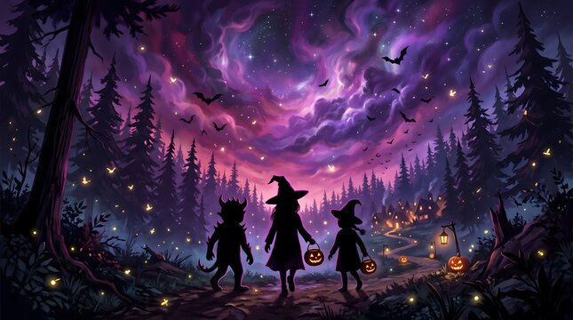 Three silhouettes of children in witch hats standing in a magical forest under a vibrant purple starry sky