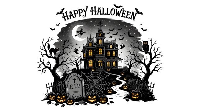 Happy halloween greeting card design featuring a spooky haunted house graveyard bats and a full moon background