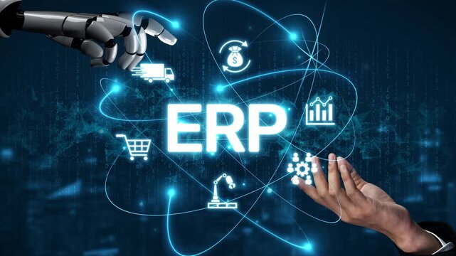 ERP platform visual showing centralized system for enterprise resource planning, improving integration, data flow, business efficiency, finance, inventory, and human resources. Muxer