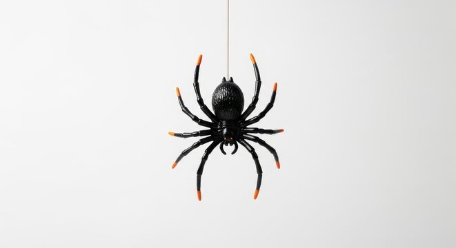 Black Plastic Halloween Spider Decoration with Orange Leg Tips Hanging on String Isolated on White Background
