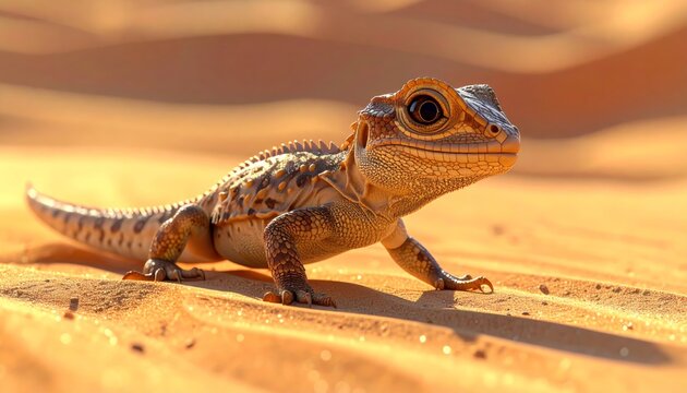 Small bearded dragon lizard resting on the textured sand dunes of a desert landscape under bright natural sunlight