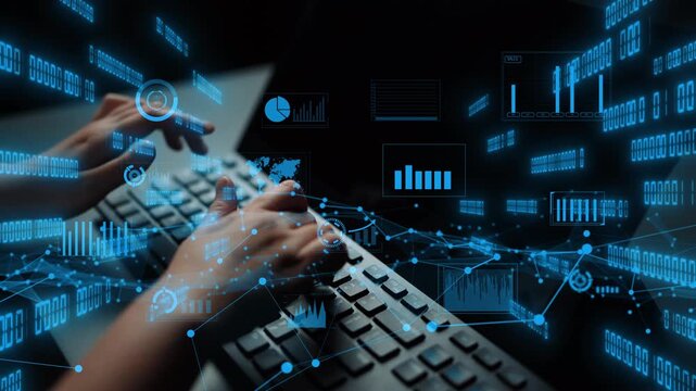 Hands typing on a keyboard with vibrant digital data streams and graphical elements showcasing business analytics and information technology in action. Xenic