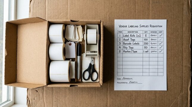 Kit box for vendor labeling supplies resting beside a labeled requisition sheet &ndash; Procurement and Vendor Management Stock Photo