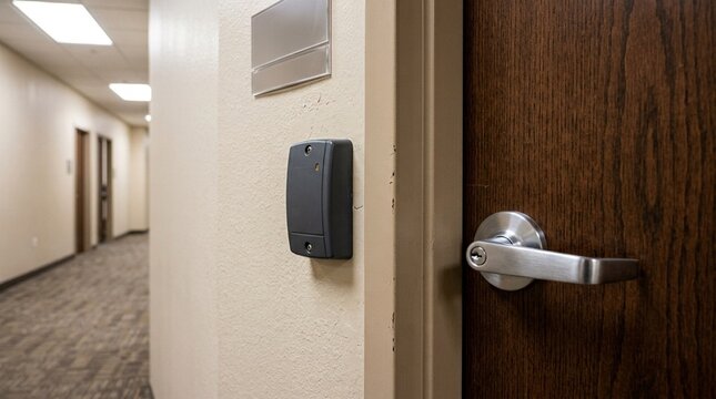 Key card badge reader mounted beside a procurement office door &ndash; Procurement and Vendor Management Stock Photo