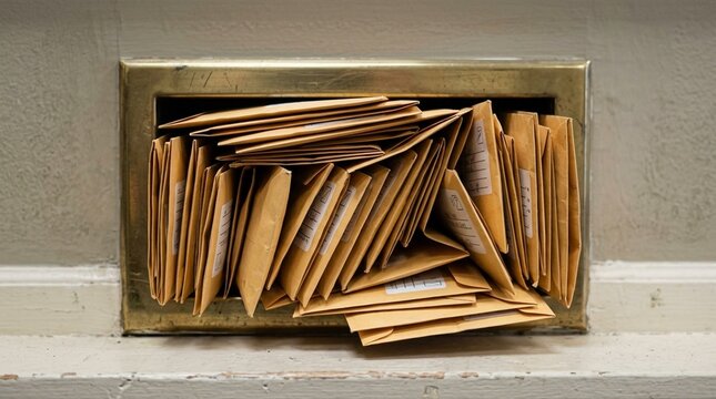 Front desk mail slot stuffed with labeled interoffice procurement envelopes &ndash; Procurement and Vendor Management Stock Photo