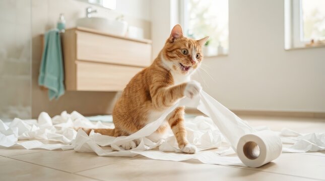 A naughty ginger and white cat playing with unrolled toilet paper on a modern bathroom floor.