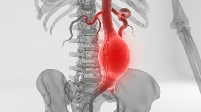 3D render of an abdominal aortic aneurysm highlighted in bright red.