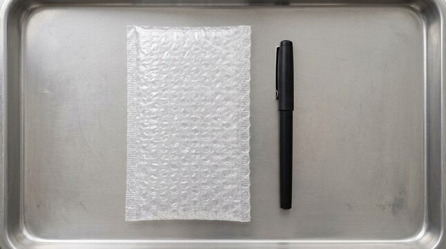 Bubble wrap style protective sleeve resting beside a capped pen on a vendor tray &ndash; Procurement and Vendor Management Stock Photo