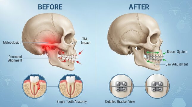 Medical illustration of dental braces correcting tooth position and jaw alignment before and after.