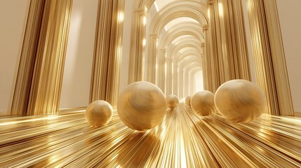 Fototapeta premium Luxurious Golden Hallway with Spheres, Architectural Grandeur, and Reflective Surfaces